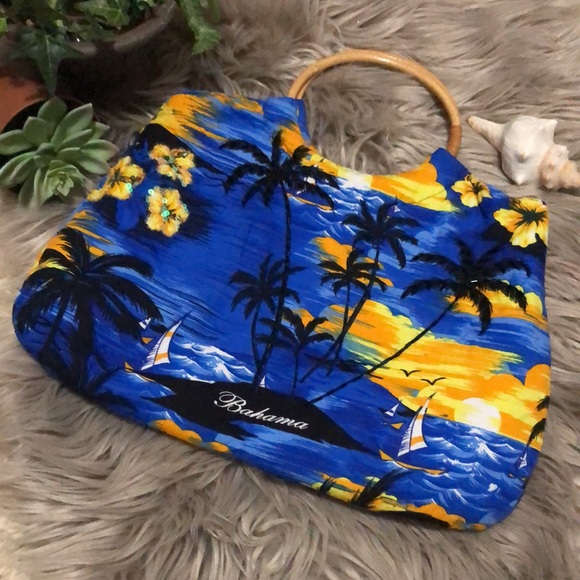 Bahama/Barbados Cloth Bag with Bamboo Handles-15x10-Blue/Black/Orange-EUC - Picture 2 of 13